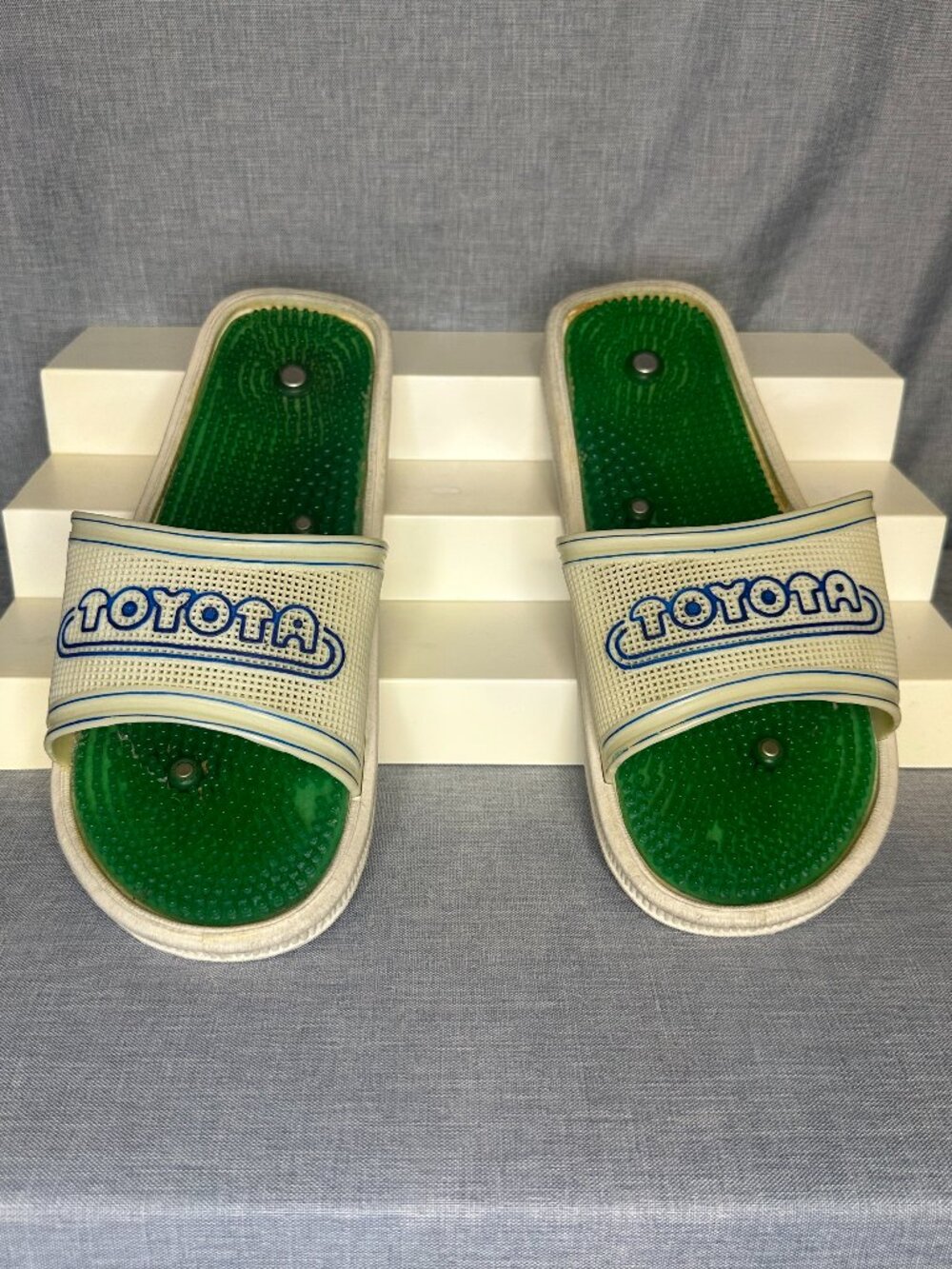 Toyota branded acupressure slide sandals green textured reflexology footbeds 12